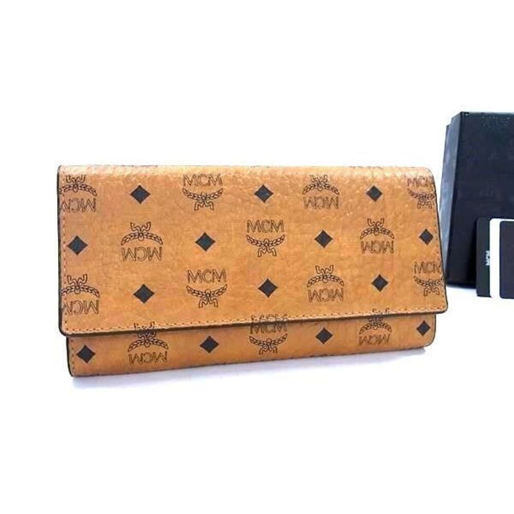 MCM Monogram Visetos Leather Tri fold Long Wallet Brown
